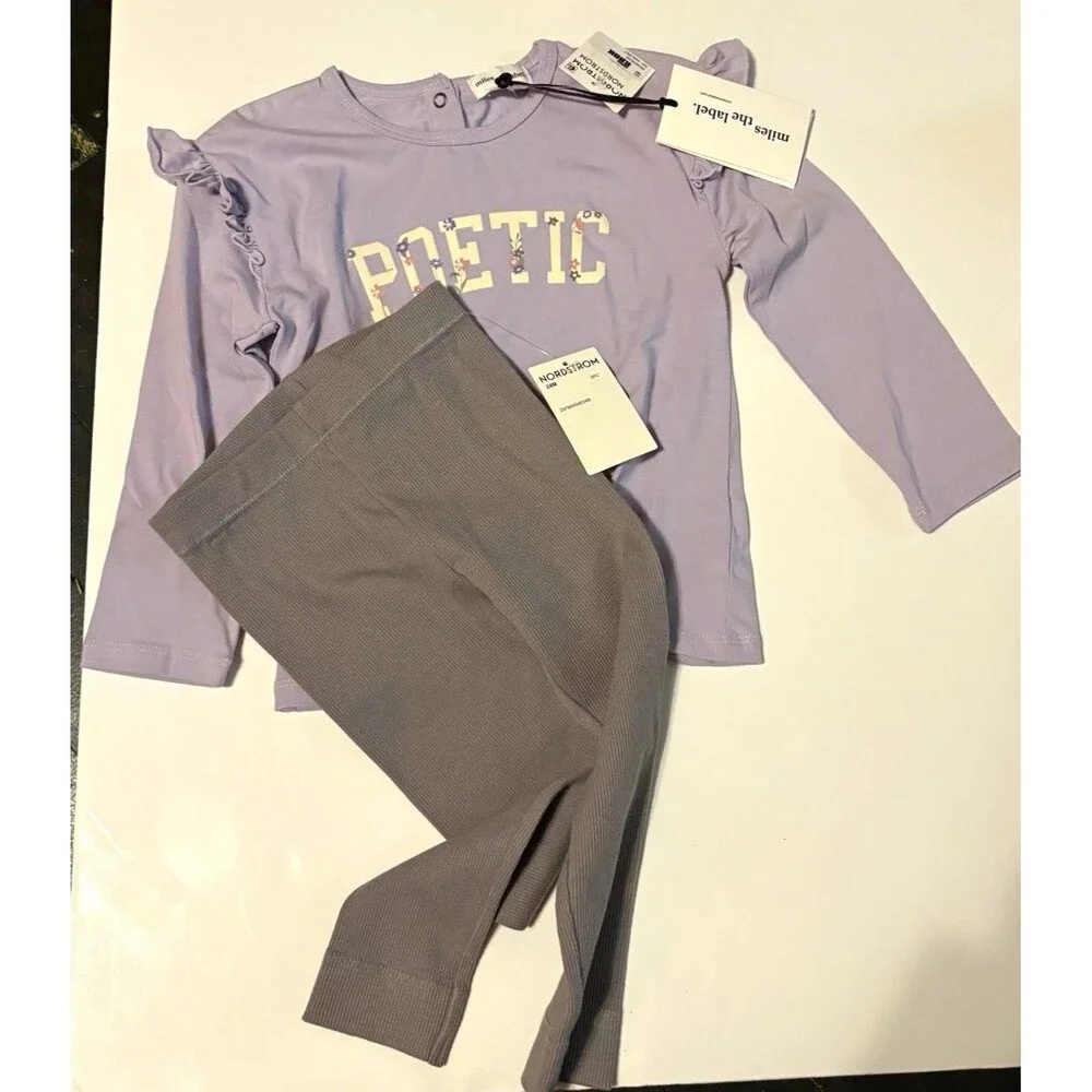 Miles the Label Girls 24M 2pc Purple Graphic Top & Gray Ribbed Ruffle Pants